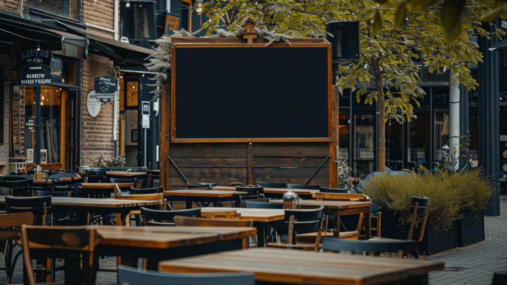 Photo of restaurant furniture arranged and prepared for guests to arrive