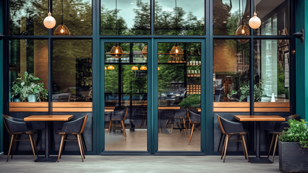 Photo of a glass storefront with wooden tables and chairs