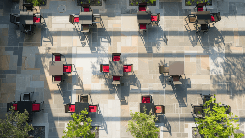 aerial view of modern tables and chairs outside arranged in rows
