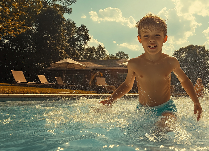 Child Enjoying Splashing Water In Swimming Pool