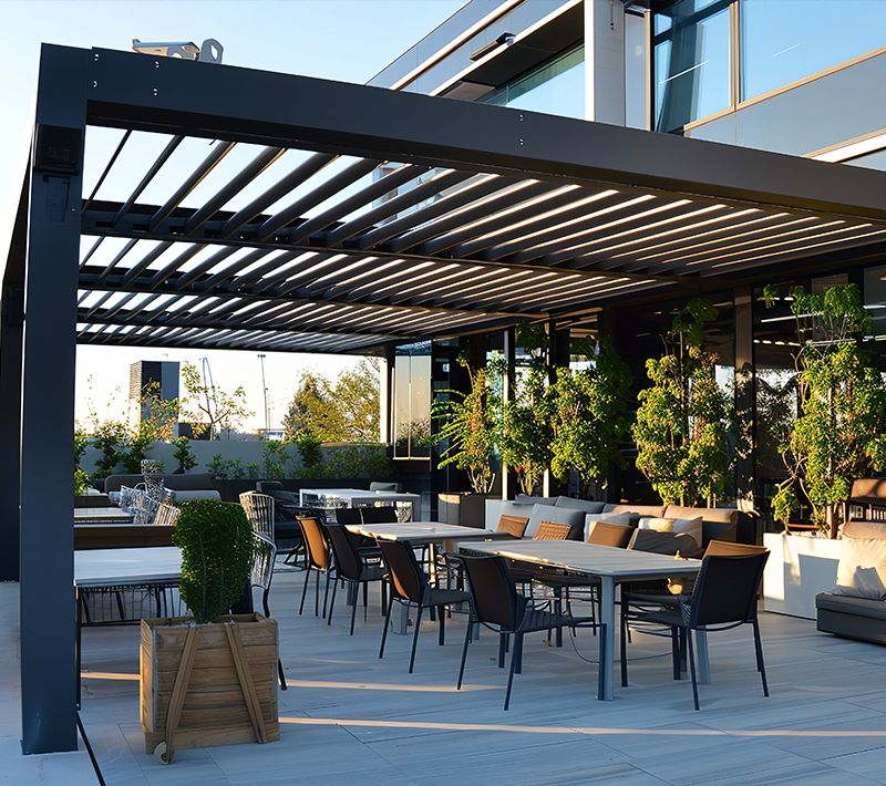 Rooftop Patio Dining Area With Pergola And Plants