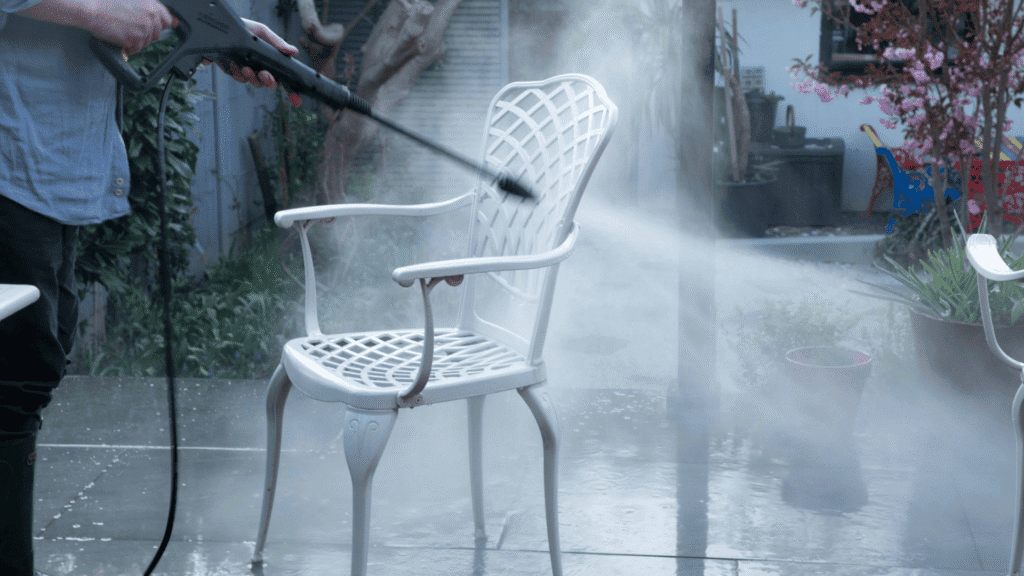person power jet cleaning white metal chair