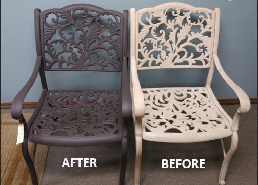 before and after shots of iron chair from white to black