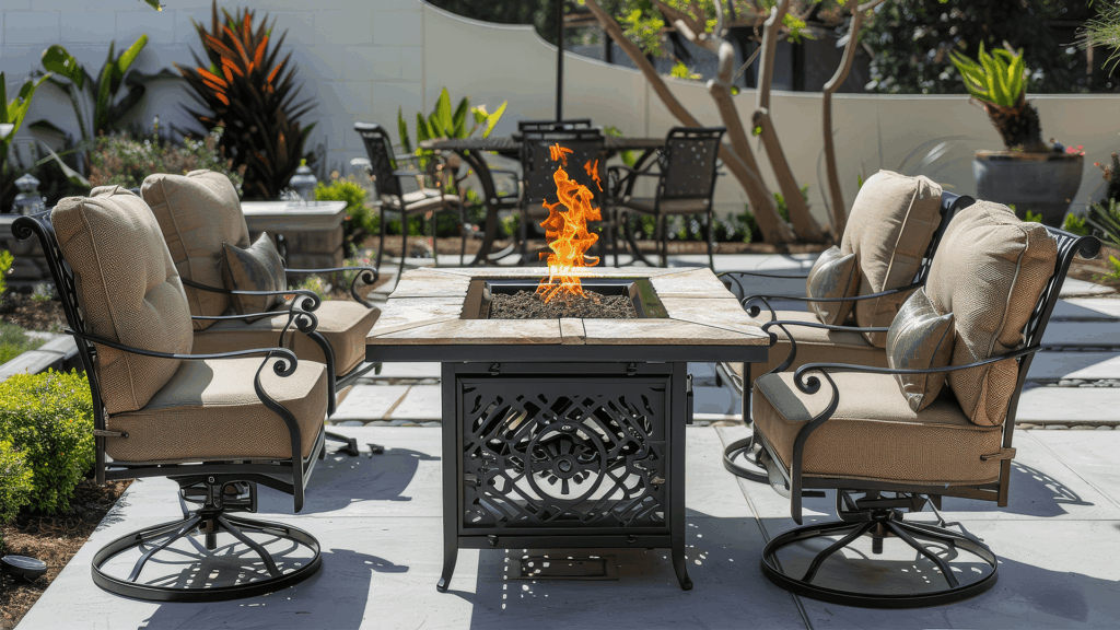 metal swivel chairs with beige cushions surrounding an outdoor fire pit